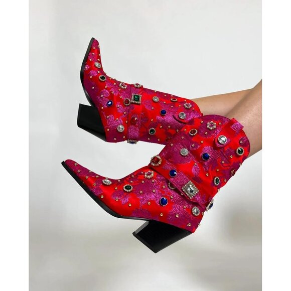 Red Flower Embroidered Rhinestone Mid Calf Pointed Toe Chunky Heel Cowgirl - Picture 7 of 7